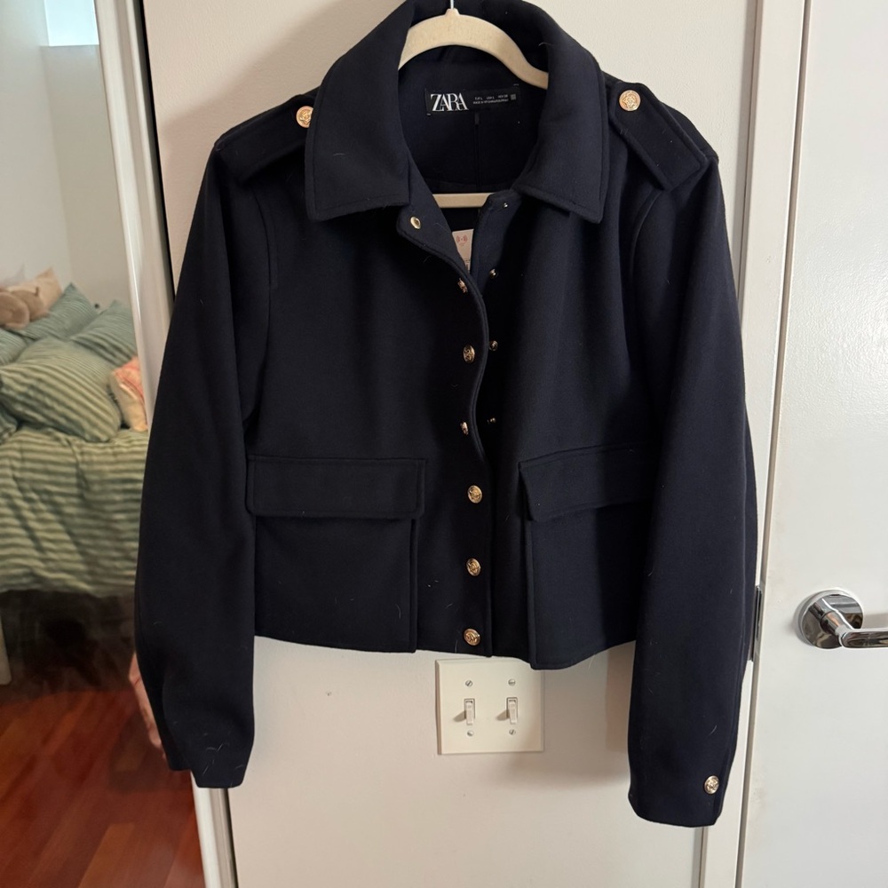 ZARA soft cropped navy gold button military style jacket blazer NWOT - Picture 4 of 9